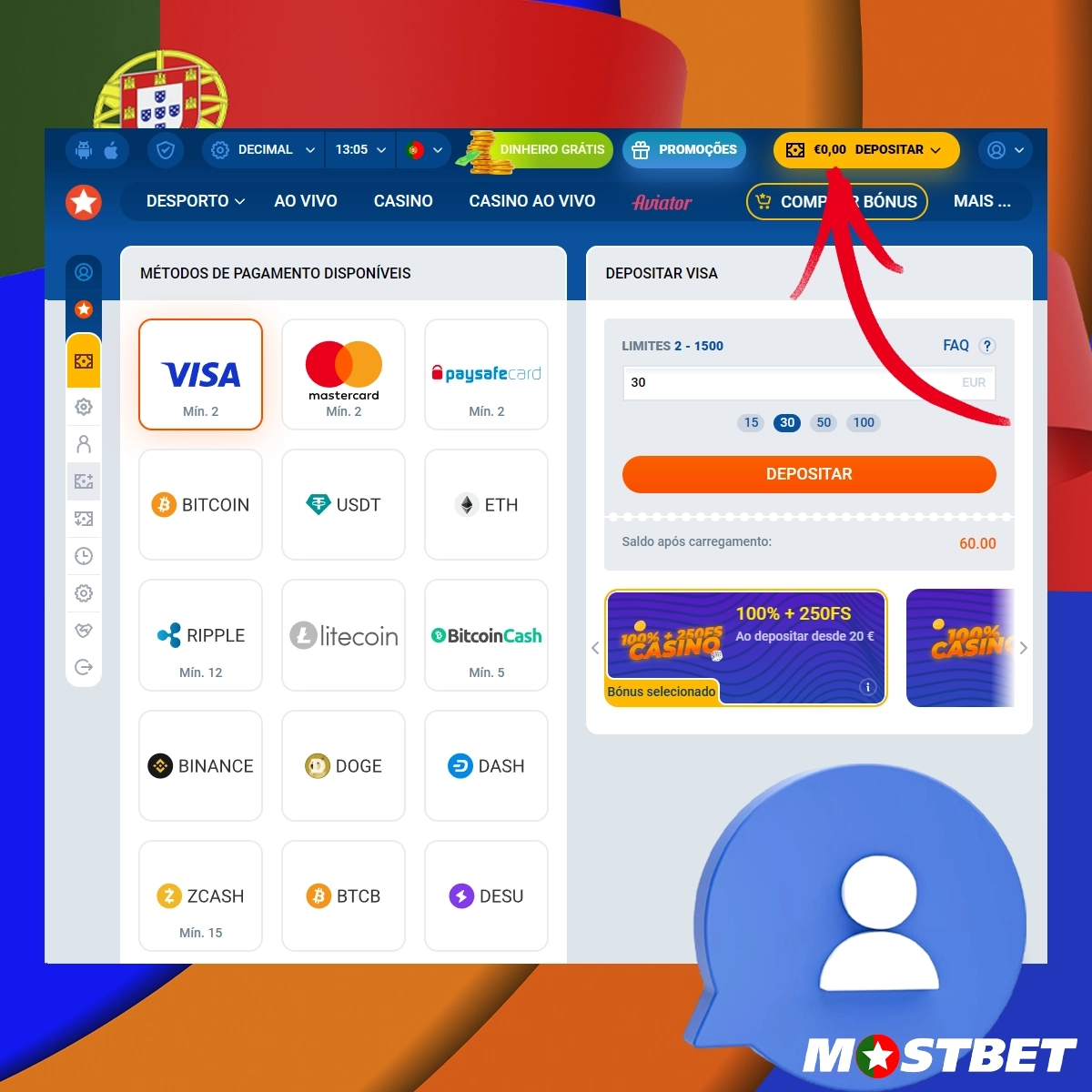 Instruções sobre como depositar na sua conta na Mostbet